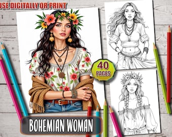 Boho Women Coloring Book: 40 Grayscale Fantasy Portraits (Printable PDF)