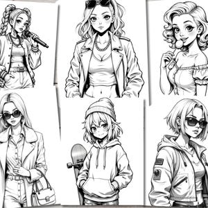 May include: A set of six black and white illustrations of women with different hairstyles and clothing styles. The women are wearing sunglasses, jackets, and hats.