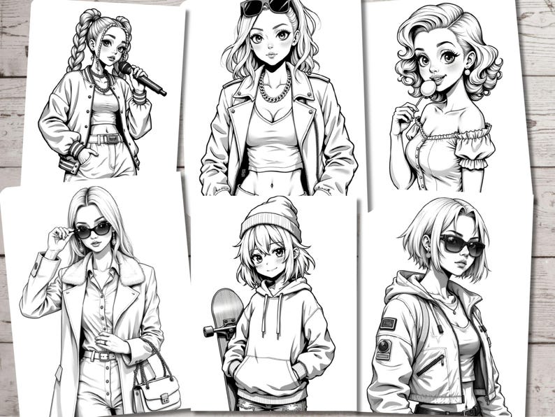 May include: A set of six black and white illustrations of women with different hairstyles and clothing styles. The women are wearing sunglasses, jackets, and hats.
