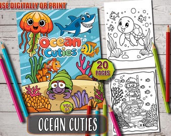 Ocean Cuties Coloring Book: 20 Sea Life Relaxation Pages (PDF File)