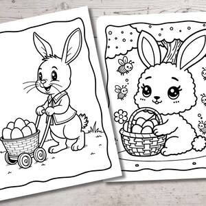 May include: Two black and white coloring pages featuring bunnies with Easter eggs. The first page shows a bunny pushing a wagon full of eggs. The second page shows a bunny holding a basket of eggs.