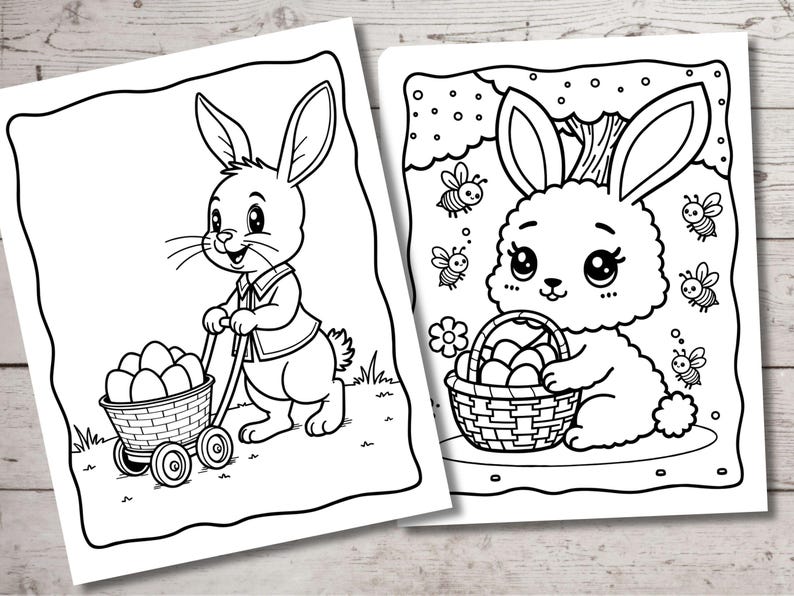 May include: Two black and white coloring pages featuring bunnies with Easter eggs. The first page shows a bunny pushing a wagon full of eggs. The second page shows a bunny holding a basket of eggs.
