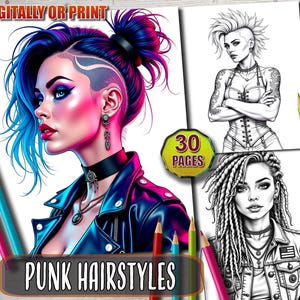 Punk Hairstyles Coloring Book: Grayscale Portraits (Printable PDF)