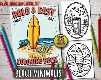 Beach Coloring Book: Simple Minimalist Art, 25 Pages (PDF Pattern)