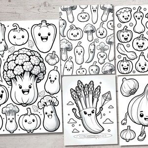 May include: Black and white coloring pages featuring various vegetables with cartoon faces. The vegetables include broccoli, asparagus, onions, pumpkins, peppers, and squash.