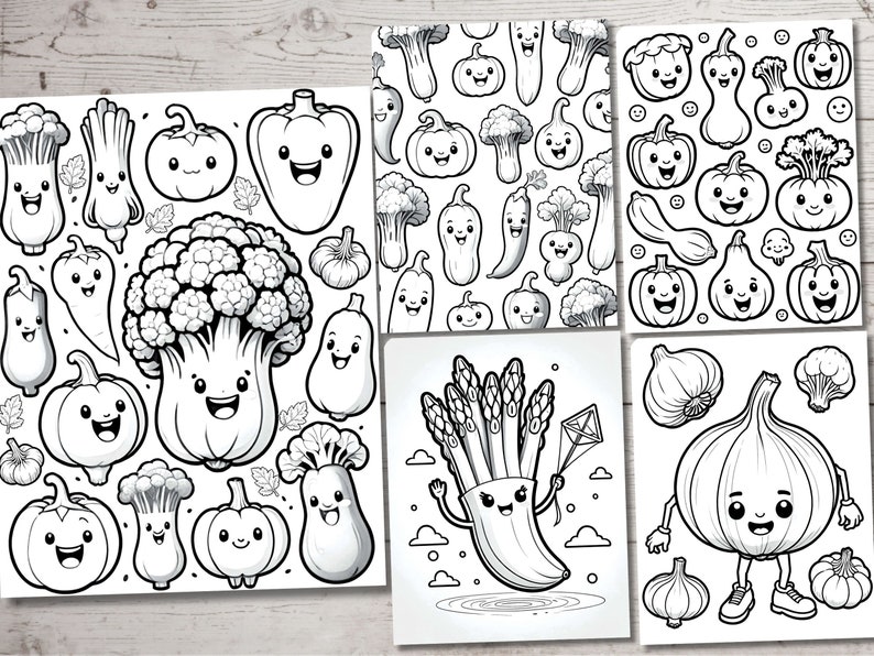 May include: Black and white coloring pages featuring various vegetables with cartoon faces. The vegetables include broccoli, asparagus, onions, pumpkins, peppers, and squash.