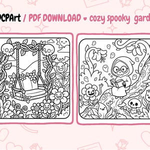 May include: Two black and white coloring pages with a cozy spooky garden theme. One features a swing with skulls and flowers, the other a hooded figure reading a book. Text on top says "ADCPART / PDF DOWNLOAD cozy spooky garden".