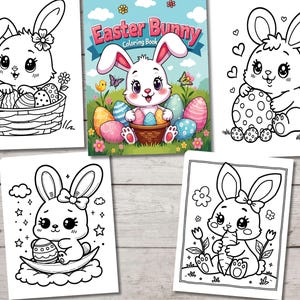 May include: A set of five black and white coloring pages featuring cute bunny rabbits holding Easter eggs. The pages are titled "Easter Bunny Coloring Book".