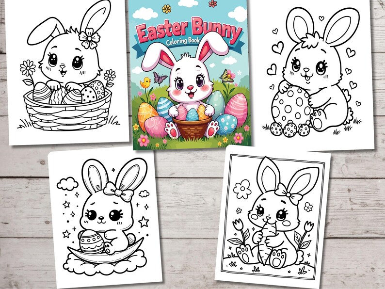 May include: A set of five black and white coloring pages featuring cute bunny rabbits holding Easter eggs. The pages are titled "Easter Bunny Coloring Book".