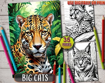 Libro para colorear de grandes felinos en escala de grises: 35 páginas majestuosas (PDF imprimible)