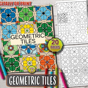 幾何学模様のタイル塗り絵、パターンタイル塗り絵ページ、抽象的なパターン、大人と子供向けの大胆なアウトライン – インスタント PDF ダウンロード