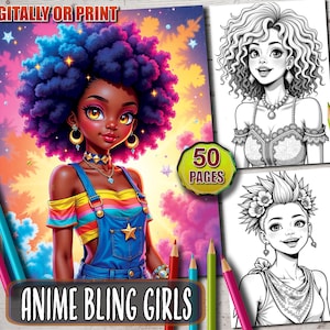 Anime Bling Girls Coloring Book, Grayscale Manga Fantasy Anime Coloring Pages for Adults & Children, Instant Download, Printable PDF