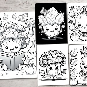 May include: Black and white coloring pages featuring cute cartoon vegetables. The pages include a broccoli reading a book, a lettuce with a heart, a pumpkin with a smile, and a carrot playing a guitar.