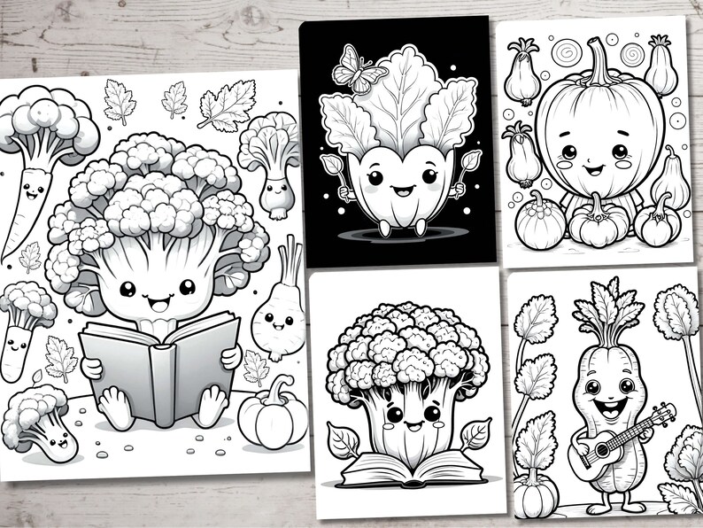 May include: Black and white coloring pages featuring cute cartoon vegetables. The pages include a broccoli reading a book, a lettuce with a heart, a pumpkin with a smile, and a carrot playing a guitar.