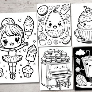Puede incluir: Un libro para colorear con ocho p&aacute;ginas diferentes que presentan personajes de dibujos animados lindos. Los personajes incluyen una bailarina, una magdalena, un aguacate, una paleta de hielo, un piano, una caja de jugo y una pila de macarons. Las p&aacute;ginas son en blanco y negro y est&aacute;n listas para colorear.