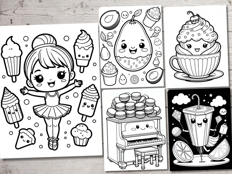 Puede incluir: Un libro para colorear con ocho p&aacute;ginas diferentes que presentan personajes de dibujos animados lindos. Los personajes incluyen una bailarina, una magdalena, un aguacate, una paleta de hielo, un piano, una caja de jugo y una pila de macarons. Las p&aacute;ginas son en blanco y negro y est&aacute;n listas para colorear.