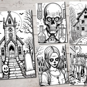 May include: A set of five black and white illustrations featuring spooky Halloween themes. The images include a haunted church, a creepy house, a zombie, a group of zombies, and a girl with a skull face paint.