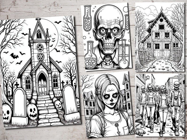 May include: A set of five black and white illustrations featuring spooky Halloween themes. The images include a haunted church, a creepy house, a zombie, a group of zombies, and a girl with a skull face paint.