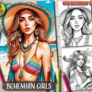 Bohemian Women Coloring Pages | Beauty Portraits Coloring Book for Adult | Boho Style Women Coloring Sheets | Instant Download Printable PDF