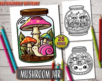 Mushroom Jar Coloring Book: 28 Kawaii Pages, Bold Designs (Printable PDF)
