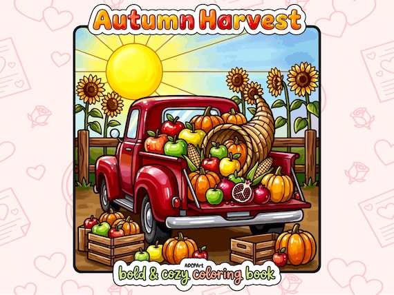 Autumn Harvest Coloring Book Bold and Easy Fall Coloring Pages Printable Cozy Cornucopia Digital Download PDF