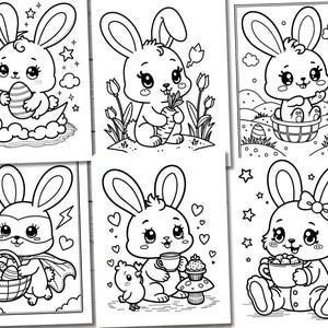 May include: A set of six black and white coloring pages featuring cute bunny rabbits in various Easter-themed scenes. The bunnies are holding eggs, carrots, and cups of hot chocolate. Some bunnies are wearing hats and other accessories.