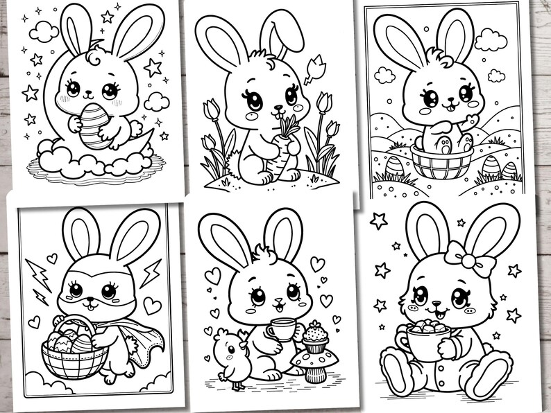 May include: A set of six black and white coloring pages featuring cute bunny rabbits in various Easter-themed scenes. The bunnies are holding eggs, carrots, and cups of hot chocolate. Some bunnies are wearing hats and other accessories.