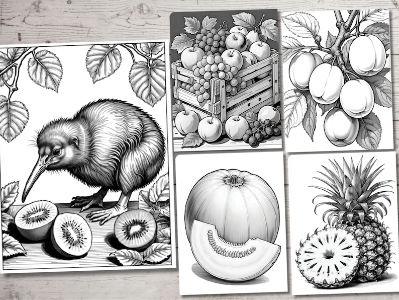 Peut inclure: Une illustration en noir et blanc d'un kiwi debout sur une feuille avec deux kiwis &agrave; c&ocirc;t&eacute;. Il y a d'autres illustrations de fruits, notamment des pommes, des raisins, une citrouille et un ananas.