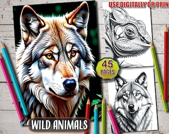Libro para colorear de animales salvajes en escala de grises: 45 páginas imprimibles (PDF)