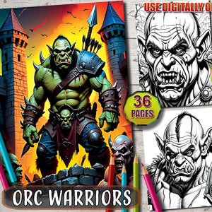 Fierce Orc Warriors Coloring Book - Epic Fantasy Orcs for Adults Kids, Grayscale Coloring Page,  Instant Download - Printable PDF