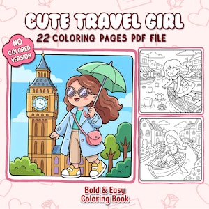 Djärv & Enkel Målarbok – Mysiga Söta Målarbilder Med Reseflickor | Kawaii Semesterscener, Avkopplande Målarbilder För Vuxna och Barn | Utskrivbar PDF
