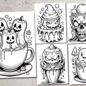 May include: Five black and white illustrations of Halloween-themed mugs with different spooky characters and designs. The mugs are filled with various Halloween treats, such as candy corn, pumpkins, and ghosts.