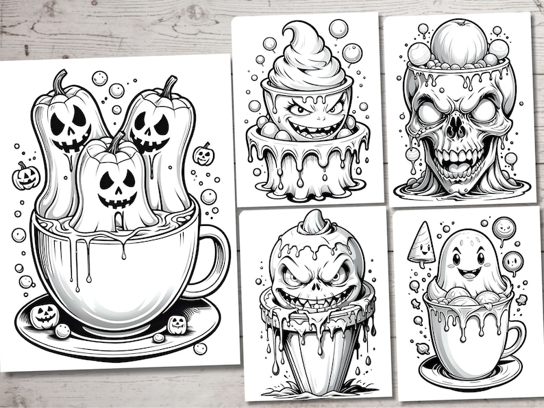 May include: Five black and white illustrations of Halloween-themed mugs with different spooky characters and designs. The mugs are filled with various Halloween treats, such as candy corn, pumpkins, and ghosts.