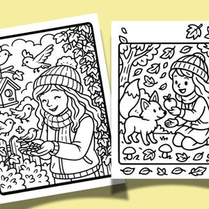Op de afbeelding: Twee zwart-wit kleurplaten met herfsttaferelen. E&eacute;n toont een meisje met vogels en een vogelhuisje. De andere toont een meisje met een vos in een bos, met een appel. Perfect voor kinderen.