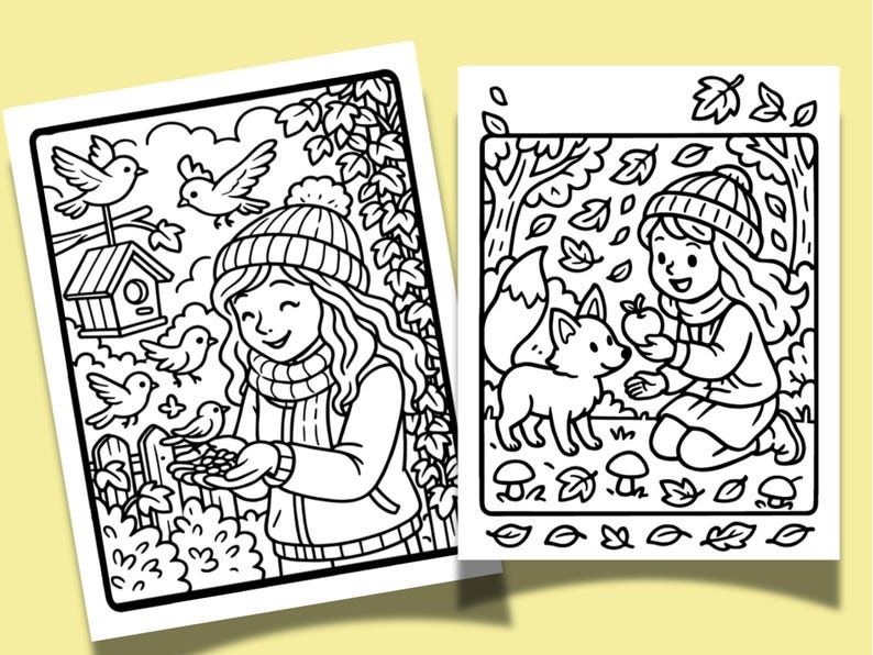 Op de afbeelding: Twee zwart-wit kleurplaten met herfsttaferelen. E&eacute;n toont een meisje met vogels en een vogelhuisje. De andere toont een meisje met een vos in een bos, met een appel. Perfect voor kinderen.