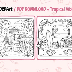 May include: Black and white line art illustration of a tropical scene with the text "ADCPART / PDF DOWNLOAD Tropical Vibes". The image features a beach rental stand with surfboards, and a beach scene with a window view.