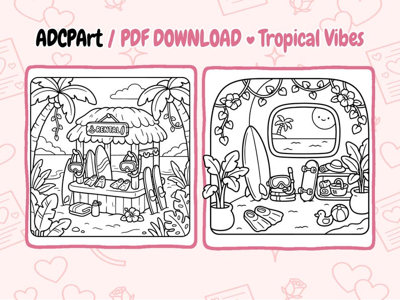 May include: Black and white line art illustration of a tropical scene with the text "ADCPART / PDF DOWNLOAD Tropical Vibes". The image features a beach rental stand with surfboards, and a beach scene with a window view.
