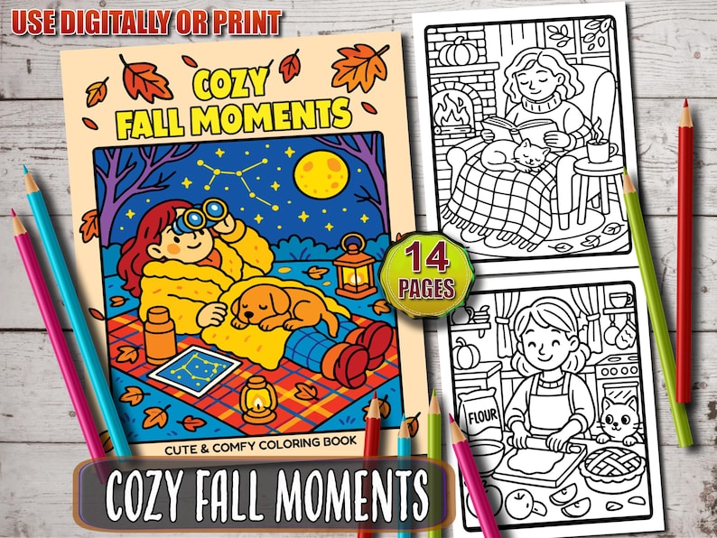 Op de afbeelding: Een kleurboek getiteld "Cozy Fall Moments" met illustraties van herfsttaferelen. De omslag toont een persoon met een verrekijker, een hond en een lantaarn onder een sterrenhemel. Bevat 14 pagina's met schattige en comfortabele kleurplaten. Kleurpotloden zijn zichtbaar.