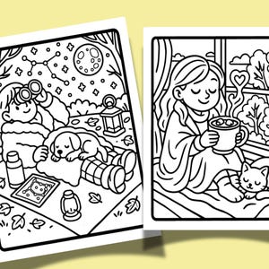 Op de afbeelding: Twee zwart-wit illustraties. E&eacute;n toont een persoon die sterren kijkt met een hond, de andere toont een persoon die uit een mok drinkt met een kat. Beide afbeeldingen zijn lijntekeningen, perfect om in te kleuren.