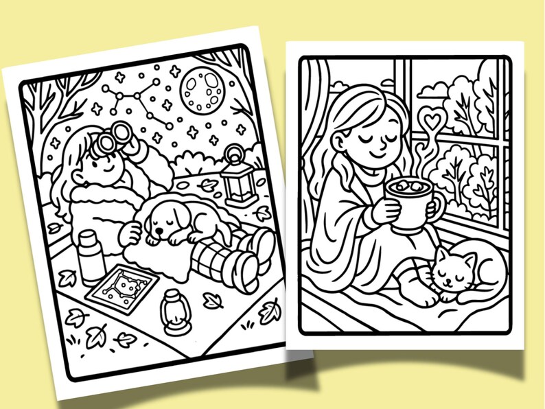 Op de afbeelding: Twee zwart-wit illustraties. E&eacute;n toont een persoon die sterren kijkt met een hond, de andere toont een persoon die uit een mok drinkt met een kat. Beide afbeeldingen zijn lijntekeningen, perfect om in te kleuren.