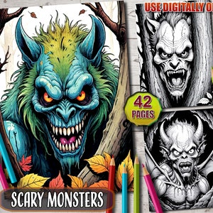 42 páginas para colorear de monstruos aterradores, libro para colorear de monstruos espeluznantes y espeluznantes para adultos, hojas para colorear en escala de grises, PDF imprimible, para colorear