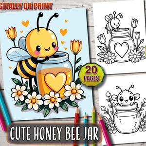 Puede incluir: Una abeja de dibujos animados linda sosteniendo un tarro de miel con un corazón en él. La abeja es amarilla y negra con ojos grandes y una sonrisa. El tarro está lleno de miel y tiene un corazón blanco en él. Hay flores alrededor de la abeja y el tarro. La imagen está en un estilo de dibujos animados y es perfecta para páginas para colorear.