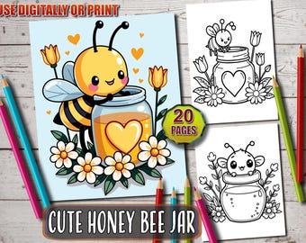 Cute Bee Coloring Pages | Adorable Bees in Honey Jars with Spring Flowers | Fun and Relaxing Coloring Book | Printable PDF for Kids & Adults