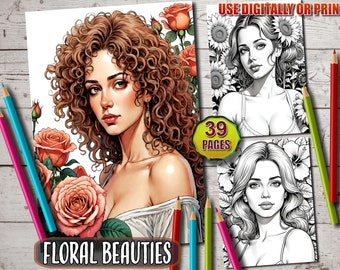 Floral Beauties Coloring Book: Women with Flowers (Printable PDF)