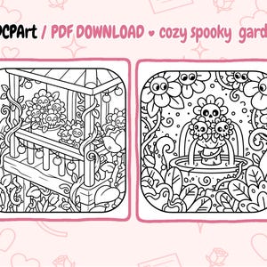 May include: Black and white line art of a cozy spooky garden. The image features two square illustrations. One shows a gazebo with skull flowers, the other a fountain with skull flowers. Text at the top reads "ADCPart / PDF DOWNLOAD cozy spooky garden."