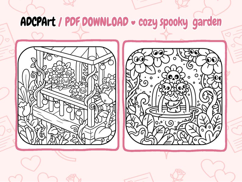 May include: Black and white line art of a cozy spooky garden. The image features two square illustrations. One shows a gazebo with skull flowers, the other a fountain with skull flowers. Text at the top reads "ADCPart / PDF DOWNLOAD cozy spooky garden."