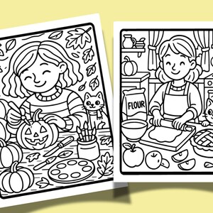 Op de afbeelding: Twee zwart-wit illustraties van herfstactiviteiten. E&eacute;n toont een persoon die een pompoen uitsnijdt, de andere een persoon die een taart bakt. Beide sc&egrave;nes bevatten een kat, pompoenen, bladeren en bakbenodigdheden in een eenvoudige stijl.