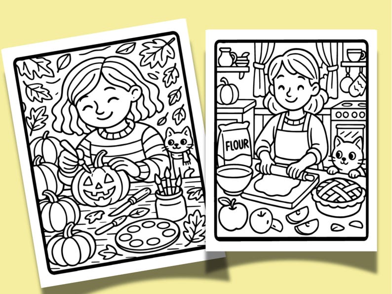 Op de afbeelding: Twee zwart-wit illustraties van herfstactiviteiten. E&eacute;n toont een persoon die een pompoen uitsnijdt, de andere een persoon die een taart bakt. Beide sc&egrave;nes bevatten een kat, pompoenen, bladeren en bakbenodigdheden in een eenvoudige stijl.