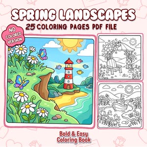 May include: A digital download titled "Spring Landscapes" with 25 coloring pages. The cover art features a colorful illustration of a lighthouse, butterflies, and flowers. Additional black and white coloring pages are also shown.