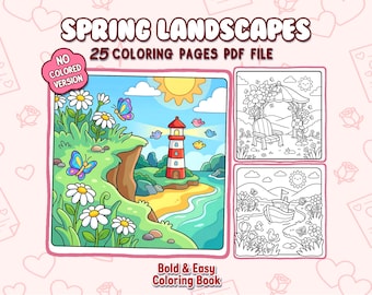 Bold & Easy Coloring Book – Cute Spring Scenes Pages | Relaxing Spring Landscapes with Big Flowers | Printable PDF for Kids and Adults